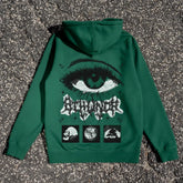 Hearujoy American Simple Goth Eyes Hand-painted Style Printed Green Hoodie Women's Spring Trend Y2K Hip-hop Street Sports Pullover