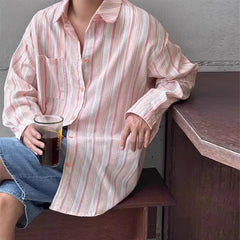 HEARUJOY - New Japanese Vintage Men Striped Shirts Luxury Casual Trendy Long Sleeve Cardigan Tops Fashion Leisure Macaron Sunscreen Blouse