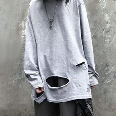 Hearujoy Spring Autumn Fashion High Street Trendy Hip-Hop Ripped Solid Color Bottoming Shirt Retro Distressed Loose Long-Sleeved Top