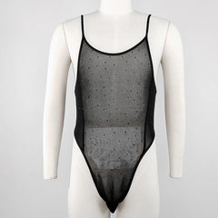 Hearujoy Mens see-through diamond suspender T-shaped mesh jumpsuit nightclub sexy youthful trendy thin breathable tight jumpsuit for men