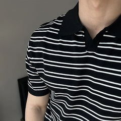 Hearujoy Summer Men's Clothing Light Luxury Knit Polo Shirt Korean Striped Short Sleeve Retro Breathable Fashion Leisure V Neck Knitwear