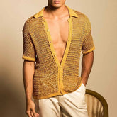 HEARUJOY - Summer Men's Casual Knitted Shirt Lapel Short Sleeve Hollow Out Breathable Cardigan Top Fashion Sexy Mesh Kint Shirts Streetwear