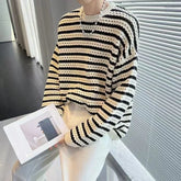 Hearujoy Stripe Knit T Shirts for Men Japan Korean Male Tops Luxury 90s Vintage Pullover F Polyester Elasticity Autumn New A Clothes