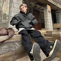 HEARUJOY - Mens Hooded PU Leather Jacket Fashion Gradient Color Retro Coat Zipper Men's Motorcycle Zipper Outwear Spring High Street Coat