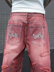 Hearujoy Vintage Hip Hop Wash Flame Pattern Embroidery Y2K Baggy Jeans Men and Women High Waist Slouchy Jeans Gothic Pants Streetwear
