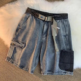 HEARUJOY - Wash Distress Vintage Jeans Shorts Men Patchwork Pocket Loose Five Quarter Cargo Pants Fashion Casual Denim Shorts With Belt