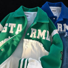 HEARUJOY - Trendy Letter Embroidery Woolen Denim Jacket for Men And Women Spring Autumn Fashion Couple's Baseball Style Short Coat