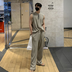 Hearujoy 2024 Fashion Men Tank Tops Tshirt Sets Tracksuit Sportswear Solid Stripe Drape Vest+Trousers 2 Piece Streetwear Suit Male