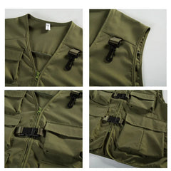 HEARUJOY - Pure Color V Neck Multi Pocket Utility Vest Men Trendy High Street Sporty Unisex Loose Sleeveless Jacket Functional Casual