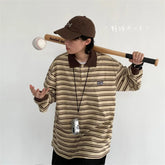 Hearujoy Striped Long-Sleeved Shirt New Spring Autumn Vintage Blouse Student Korean Preppy Sweatshirt Men Women Lapel Shirt