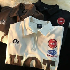 Hearujoy Vintage collar long-sleeved T-shirt spring American patch embroidered sweatshirt couple grunge baseball uniform shirt