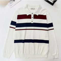 HEARUJOY - Fashion Textured Knitted Sweater Men Polo Shirts Long Sleeve Turn-down Collar Stripe Splicing Color Tops Autumn Men Knit Clothes