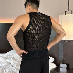 Hearujoy Mens Sexy Hollow Mesh Knitted Vest Genderless 2024 New Nightclub Niche Casual Solid Color Sleeveless Knitted Tank Top Unisex