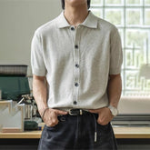 HEARUJOY - Men's Solid Color Knitted Short-Sleeved Shirt American Retro Fashion Trend Loose Casual Simple Breathable Niche New Men's Tops