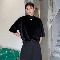 Hearujoy Turtleneck Collar Velvet T-shirt Korean Loose casual Streetwear Tops Men Clothing Summer Black harajuku Short Sleeve Stand