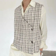 Hearujoy Mens Autumn French Style Outer Plaid Vest New Fashion Elegant Retro Casual Loose Comfortable Simple Side Placket Short Vest