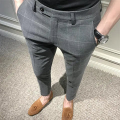 Hearujoy Mentally Young Man's Checkered Pants, Men's Korean Style Trendy Casual Pants Slim Fit Small Leg Pants Nine Point British