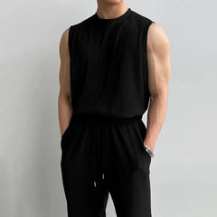 Hearujoy 2024 Summer Casual Suit Pleated Sleeveless Tank Tops Trousers Men's Sports Clothing Wrinkled Solid Vest Long Pants Two-Piece Set