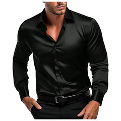 HEARUJOY - Stylish Collar Solid Color Smooth Thin Long Sleeve Casual Shirt Men's Shiny