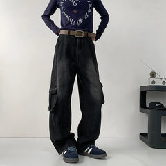 HEARUJOY - Black Baggy Jeans Men Retro Pocket Jeans Men Vintage Trousers Streetwear Hip-hop Loose Wide Leg Jeans Mens Denim Cargo Pants