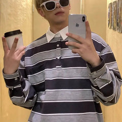 Hearujoy American Patchwork Contrasting Polo Shirt Men's Loose Spring Autumn Korean Casual Versatile Retro Striped Long Sleeved T-shirt
