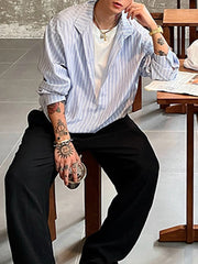 HEARUJOY - Autumn New Casual Mens Shirts Striped Printing Long Sleeve Lapel Shirts For Men's Fashionable V Neck Fake Two Piece Shirt