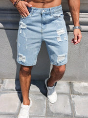 HEARUJOY - Men's Spring/Summer Street Fashion Casual Ripped and Distressed Straight-Leg Blue Denim Shorts, maintains its shape, wrinkle-res