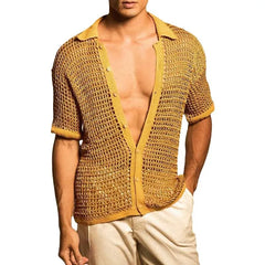HEARUJOY - Summer Men's Casual Knitted Shirt Lapel Short Sleeve Hollow Out Breathable Cardigan Top Fashion Sexy Mesh Kint Shirts Streetwear