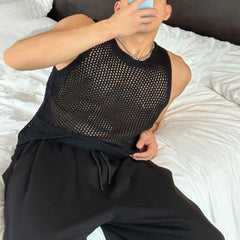 Hearujoy Mens Sexy Hollow Mesh Knitted Vest Genderless 2024 New Nightclub Niche Casual Solid Color Sleeveless Knitted Tank Top Unisex