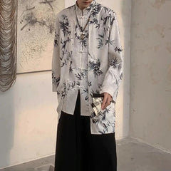 HEARUJOY - New Autumn And Winter Chinese Style Stand-Up Collar Button Bamboo Shirt Unisex Fashion Casual Loose Printed Long-Sleeved Shirt
