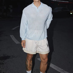 HEARUJOY - Trendy Buttoned Lapel Men's Knit Polos Autumn Long Sleeve Breathable Hollow Out Polo Shirts For Mens Daily Casual Pullover Tops