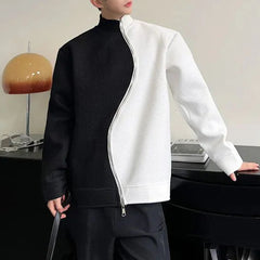 Hearujoy Mens Y2k Half Turtleneck Black And White Contrast Sweatshirt New Style Splicing Trend Irregular Zipper Trend Jacket For Men