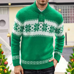 HEARUJOY - Autumn Winter New Men Jacquard Sweater Polo Shirts Coat Christmas Snowflake Printed Tees Tops Knitted Stand Collar Clothing