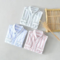 HEARUJOY - Man Shirt Short Sleeve Green Striped with Pocket Fashion 2025 Korean Style Slim Fit Sleeves Original Silk Collar Shirts for Men