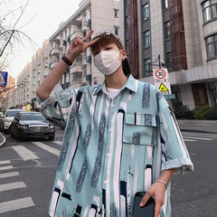 HEARUJOY - Summer Short Sleeved Shirt Men Fashion Printed Casual Shirt Men Streetwear Hip-hop Loose Striped Shirt Mens Hawaiian Shirts