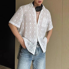 HEARUJOY - Mens Shirt Lace See-Through Transparent Geometric Shirt Summer Beach Vacation Hawaiian Slim Short Sleeve Top Men'S Clothing