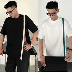 Hearujoy T-Shirts Male Tshirts Men Summer Short Tee Shirt Man Fashion Sexy Tees Top Contrast Ribbon Slit Camisetas Genderless Streetwear