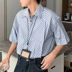 HEARUJOY - Men Shirt Striped Patchwork Lapel Short Sleeve Button Men Clothing Streetwear Korean Style Loose Fashion Casual Tops Men