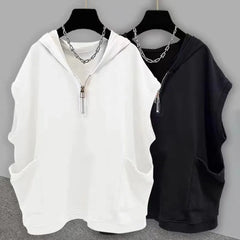 Hearujoy Mens Casual Pocket Hooded Vest Genderless 2024 Summer New Fashion Versatile Zipper Solid Color Loose Sleeveless T-Shirt Unisex