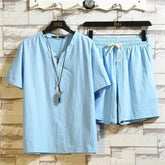 HEARUJOY - Cotton Linen T-shirts Shorts Suits for Men V-neck Plain Sports Novelty in New Tops & Tees Aesthetic Kpop Regular Fit Man Sets