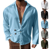 HEARUJOY - Men's Spring and Autumn Long Sleeve T-shirt Casual Loose Cardigan Lapel Button Down Shirt