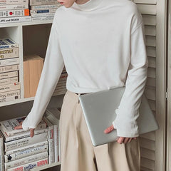 HEARUJOY - Korean Street Fashion Half Turtleneck Solid Color Long-Sleeved T-Shirt Mens Autumn Winter Pure Cotton Casual Bottoming Shirt Men