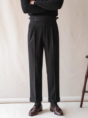 HEARUJOY - Naples Style High Waist Pants Mens Stylish Waffle Textured Slim Straight Trousers Men Autumn Casual Button Lace-up Suit Trousers