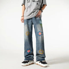 HEARUJOY - Street American Micro Flared Jeans Mens Petal Embroidery Washed Cowboy Pants Straight Tube Burr Edge Hip Hop Denim Trousers