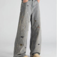 HEARUJOY - Hip Hop Straight Leg Jeans Mens 2025 Animal Pattern Printing Trend Loose Male Cowboy Pants Streetwear Unisex Denim Trousers