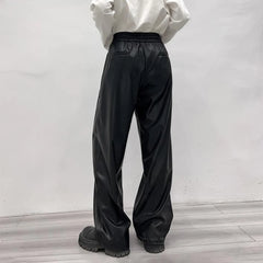 Hearujoy Casual Drawstring PU Leather Long Pants Men Trousers Spring Fall Loose Y2k Elastic Waist Straight Wide Leg Faux Leather Pants