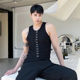 Hearujoy New Summer Korea Fashion Men's Vest Personalized Metal Button Decorative Slim Top Solid Color Round Neck Simple Male Tops