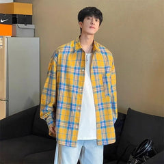 HEARUJOY - Casual Yellow Plaid Long-sleeved Lapel Shirt Versatile Loose Jacket for Men and Women Couples