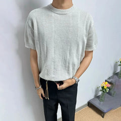 HEARUJOY - Men's Knitted Solid Color Short-Sleeved T-Shirt American Fashion Trend Casual Simple Loose Breathable Summer New Men's Tops