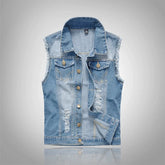 HEARUJOY - Men's Big Size New Slim-fit Denim Vest Vest with Ripped Lapel Single Breasted Denim Vest Coat